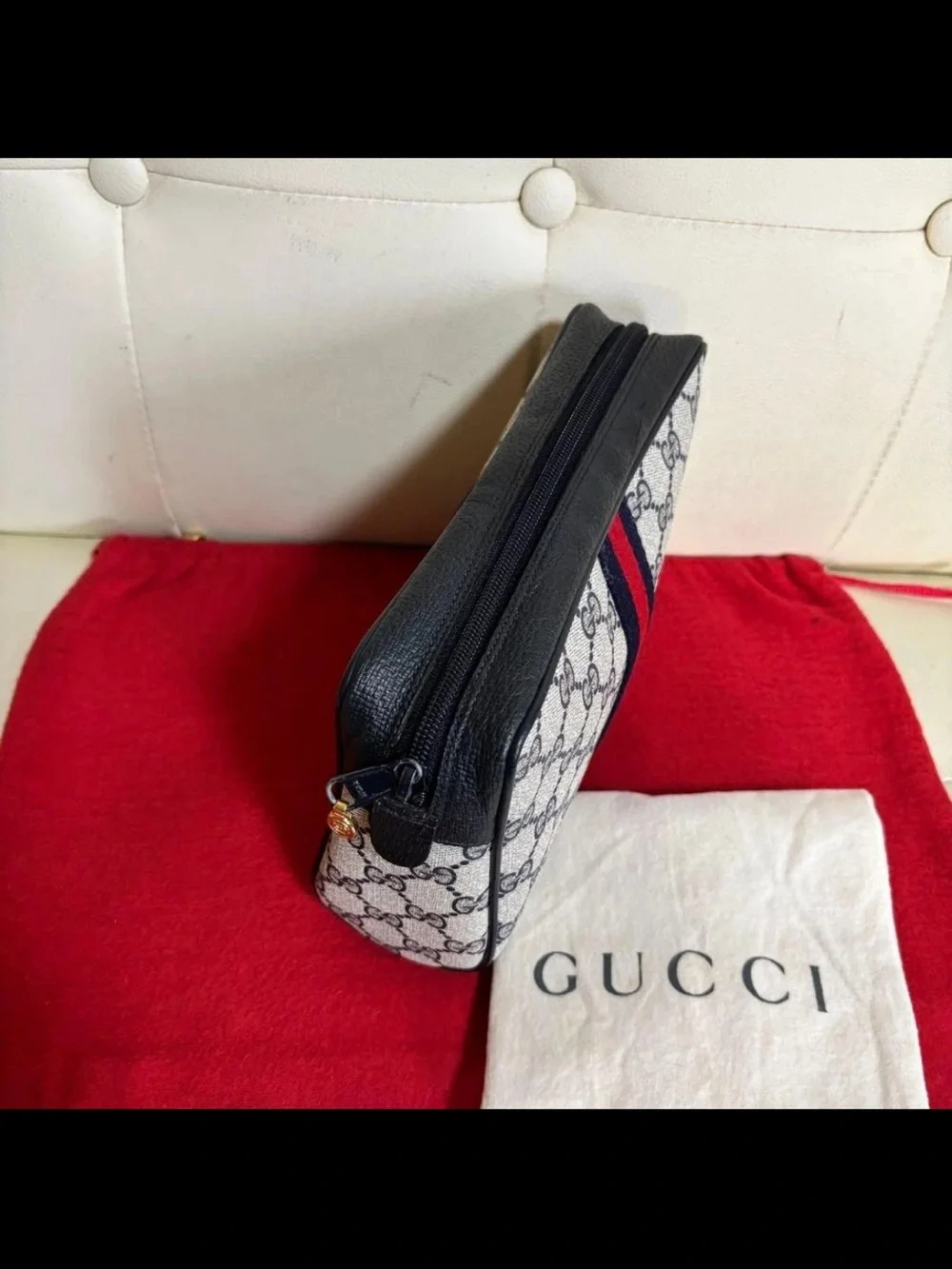 Gucci Beige/Black Toiletry Pouch with Red Center Stripe